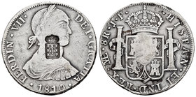 Fernando VII (1808-1833). 8 reales. 1810. Lima. (Cal-475). Ag. 26,58 g. Busto indígena. Resello escudo de Portugal (MBC+). Escasa. MBC-. Est...275,00....