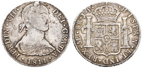 Fernando VII (1808-1833). 8 reales. 1811. Lima. JP. (Cal-476). Ag. 26,38 g. Busto indígena. MBC-/BC+. Est...70,00.