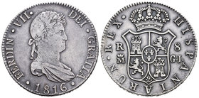 Fernando VII (1808-1833). 8 reales. 1816. Madrid. GJ. (Cal-506). Ag. 26,95 g. HISPANIARUN. Soldadura reparada en el canto a las 3h. Tono. Rara. MBC/MB...