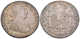 Fernando VII (1808-1833). 8 reales. 1809. México. TH. (Cal-539). Ag. 26,86 g. Busto imaginario. Tono. MBC+. Est...90,00.