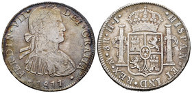 Fernando VII (1808-1833). 8 reales. 1811. México. HJ. (Cal-545). Ag. 26,81 g. Busto imaginario. MBC-. Est...60,00.