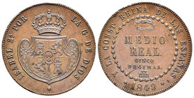 Isabel II (1833-1868). Medio real. 1849. Segovia. (Cal-574). Ae. 18,55 g. Marcas. Buen ejemplar. Muy rara. EBC+. Est...800,00.