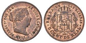 Isabel II (1833-1868). 5 céntimos de real. 1855. Segovia. (Cal-612). Ae. 1,82 g. Restos de brillo original. EBC. Est...70,00.