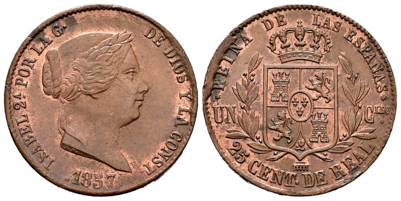 Isabel II (1833-1868). 25 céntimos de real. 1857. Segovia. (Cal-592). Ae. 9,15 g...