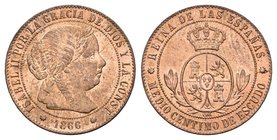 Isabel II (1833-1868). 1/2 céntimo de escudo. 1866. Barcelona. OM. (Cal-669). Ae. 1,28 g. Brillo original. SC. Est...75,00.