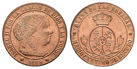 Isabel II (1833-1868). 1/2 céntimo de escudo. 1868. Barcelona. OM. (Cal-671). Ae. 1,16 g. Brillo original. SC-. Est...60,00.