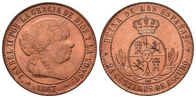 Isabel II (1833-1868). 2 1/2 céntimos de escudo. 1867. Segovia. OM. (Cal-647). Ae. 6,65 g. Pleno brillo original. SC. Est...120,00.