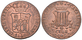 Isabel II (1833-1868). 6 cuartos. 1846. Barcelona. (Cal-698). Ae. 14,21 g. Flores de 7 pétalos. EBC-/MBC+. Est...50,00.