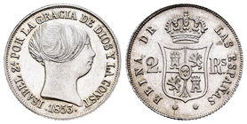 Isabel II (1833-1868). 2 reales. 1853. Madrid. (Cal-364). Ag. 2,54 g. Atractiva. Brillo original. Muy escasa en esta conservación. EBC+. Est...160,00....