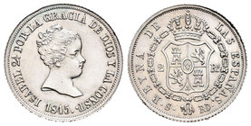 Isabel II (1833-1868). 2 reales. 1845. Sevilla. RD. (Cal-376). Ag. 2,97 g. Magnífico ejemplar. Escasa en esta conservación. SC-. Est...350,00.