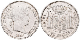 Isabel II (1833-1868). 20 reales. 1857. Madrid. (Cal-179). Ag. 25,95 g. Pequeñas marcas y golpe en el canto. MBC+. Est...120,00.