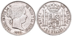 Isabel II (1833-1868). 20 reales. 1858. Madrid. (Cal-180). Ag. 25,83 g. MBC. Est...110,00.