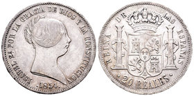 Isabel II (1833-1868). 20 reales. 1854. Sevilla. (Cal-192). Ag. 25,86 g. Golpecitos en el canto. MBC+. Est...150,00.