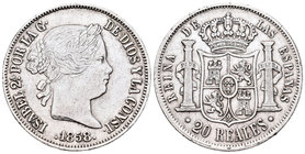 Isabel II (1833-1868). 20 reales. 1858. Sevilla. (Cal-196). Ag. 25,81 g. Golpecitos en el canto. Escasa. MBC. Est...200,00.