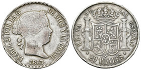 Isabel II (1833-1868). 20 reales. 1863/53. Sevilla. (Cal-201). (Cy-17233). Ag. 25,81 g. Golpecitos en canto. Muy escasa. MBC. Est...200,00.
