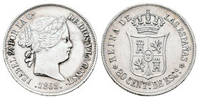Isabel II (1833-1868). 20 céntimos de escudo. 1868*6-8. Madrid. (Cal-394). Ag. 2,62 g. Ligeramente limpiada. EBC. Est...60,00.