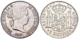 Isabel II (1833-1868). 2 escudos. 1867. Madrid. (Cal-204). Ag. 25,78 g. Mínimas oxidaciones en reverso. EBC. Est...210,00.