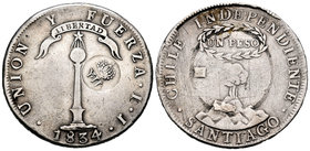 Isabel II (1833-1868). 1 peso. 1834. Santiago. IJ. (Cal-451). (Km-108). Ag. 26,05 g. Resto de soldadura circular en reverso. Resello YII bajo corona p...