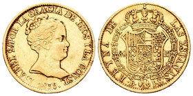 Isabel II (1833-1868). 80 reales. 1839. Barcelona. PS. (Cal-55). Au. 6,78 g. Golpecito en el canto. MBC+. Est...250,00.