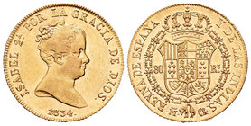 Isabel II (1833-1868). 80 reales. 1834. Madrid. CR. (Cal-67). Au. 6,76 g. Parte de brillo original. MBC+/EBC-. Est...300,00.