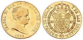 Isabel II (1833-1868). 80 reales. 1835. Madrid. CR. (Cal-68). Au. 6,72 g. Brillo original en reverso. MBC+/EBC-. Est...275,00.