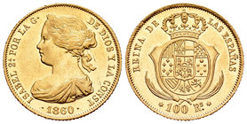 Isabel II (1833-1868). 100 reales. 1860. Madrid. (Cal-25). Au. 8,44 g. Brillo original. EBC+. Est...350,00.