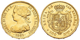 Isabel II (1833-1868). 100 reales. 1863. Madrid. (Cal-28). Au. 8,38 g. Precioso ejemplar. SC. Est...350,00.