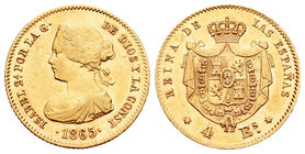 Isabel II (1833-1868). 4 escudos. 1865. Madrid. (Cal-108). Au. 3,34 g. MBC+/EBC-. Est...120,00.