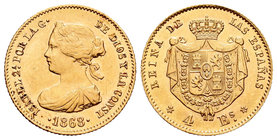 Isabel II (1833-1868). 4 escudos. 1868*6-8. Madrid. (Cal-112). Au. 3,35 g. EBC-/EBC-. Est...140,00.