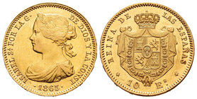 Isabel II (1833-1868). 10 escudos. 1865. Madrid. (Cal-43). Au. 8,26 g. SC-. Est...350,00.