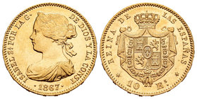 Isabel II (1833-1868). 10 escudos. 1867. Madrid. (Cal-45). Au. 8,36 g. Brillo original. EBC+/SC-. Est...320,00.