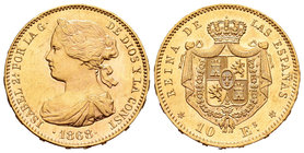 Isabel II (1833-1868). 10 escudos. 1868*18-68. Madrid. (Cal-47). Au. 8,40 g. Pequeñas marcas. SC-. Est...300,00.