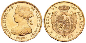 Isabel II (1833-1868). 10 escudos. 1868*18-73. Madrid. (Cal-48). Au. 8,42 g. Golpecito en canto. Brillo original. EBC+/SC-. Est...320,00.