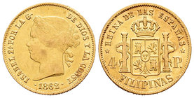 Isabel II (1833-1868). 4 pesos. 1862. Manila. (Cal-126). Au. 6,75 g. Limpiada. MBC-/MBC. Est...250,00.