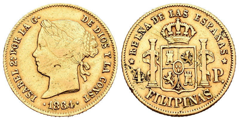 Isabel II (1833-1868). 4 pesos. 1864. Manila. (Cal-128). Au. 6,73 g. Limpiada. M...