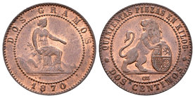 Gobierno Provisional (1868-1871). 2 céntimos. 1870. Barcelona. OM. (Cal-26). Ae. 2,09 g. Restos de brillo original. EBC. Est...60,00.