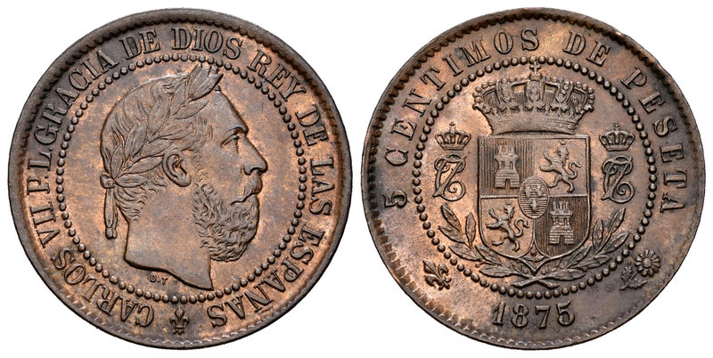 Carlos VII (1872-1876). 5 céntimos. 1875. Bruselas. (Cal-10). Ae. 5,05 g. Golpec...