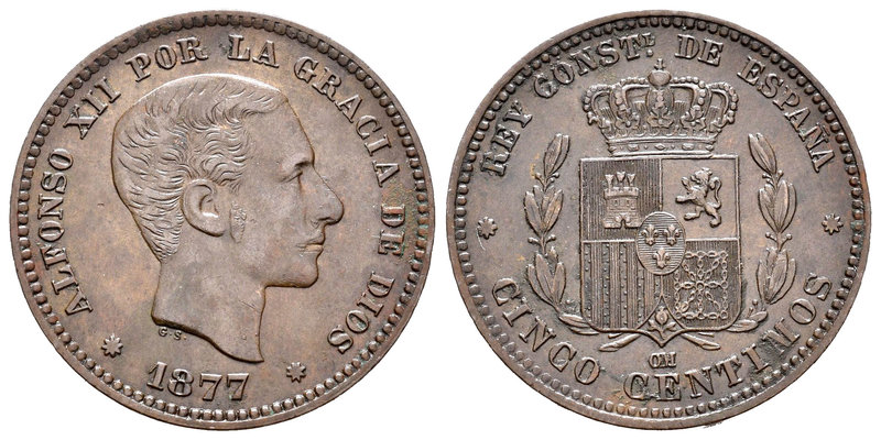 Alfonso XII (1874-1885). 5 céntimos. 1877. Barcelona. OM. (Cal-71). Ae. 5,22 g. ...