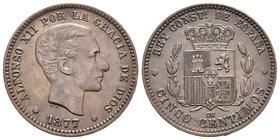 Alfonso XII (1874-1885). 5 céntimos. 1877. Barcelona. OM. (Cal-71). Ae. 5,22 g. EBC-. Est...50,00.