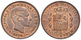 Alfonso XII (1874-1885). 5 céntimos. 1878. Barcelona. OM. (Cal-72). Ae. 5,10 g. Restos de color original. SC-. Est...160,00.