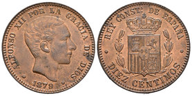 Alfonso XII (1874-1885). 10 céntimos. 1879. Barcelona. OM. (Cal-69). Ae. 9,99 g. EBC+. Est...140,00.