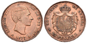 Alfonso XII (1874-1885). 25 pesetas. 1877*18-77. Madrid. DEM. (Cal-3 variante). Ae. 4,24 g. Falsa de época en cobre. MBC+. Est...110,00.