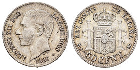 Alfonso XII (1874-1885). 50 centimos. 1880*8-0. Madrid. MSM. (Cal-63). Ag. 2,57 g. MBC+. Est...40,00.