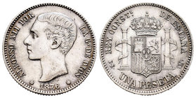 Alfonso XII (1874-1885). 1 peseta. 1876*18-7_. Madrid. DEM. (Cal-54). Ag. 4,96 g. Ligeramente limpiada. Escasa en esta conservación. EBC-. Est...180,0...