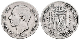 Alfonso XII (1874-1885). 1 peseta. 1881*_ _ - 81. Madrid. MSM. (Cal-56). Ag. 4,90 g. Escasa. BC/BC+. Est...100,00.