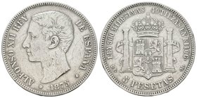 Alfonso XII (1874-1885). 5 pesetas. 1875*(_ _-_ _). Madrid. DEM. (Cal-25a). Ag. 24,76 g. BC+. Est...15,00.