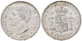 Alfonso XII (1874-1885). 5 pesetas. 1876*18-76. Madrid. DEM. (Cal-26a). Ag. 24,88 g. Rayas. MBC+. Est...30,00.