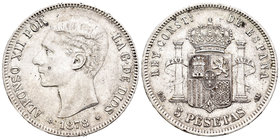 Alfonso XII (1874-1885). 5 pesetas. 1878*18-78. Madrid. EMM. (Cal-30). Ag. 24,93 g. Golpecitos en el canto. MBC+. Est...40,00.