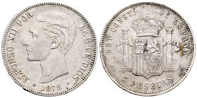 Alfonso XII (1874-1885). 5 pesetas. 1878*18*78. Madrid. DEM. (Cal-29). Ag. 24,81 g. Golpecitos en el canto. MBC+/MBC. Est...25,00.