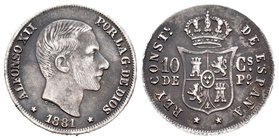 Alfonso XII (1874-1885). 10 centavos. 1881. Manila. (Cal-94). Ag. 2,53 g. Canto liso en parte. Rayitas en anverso. Pátina oscura. MBC+. Est...60,00.
